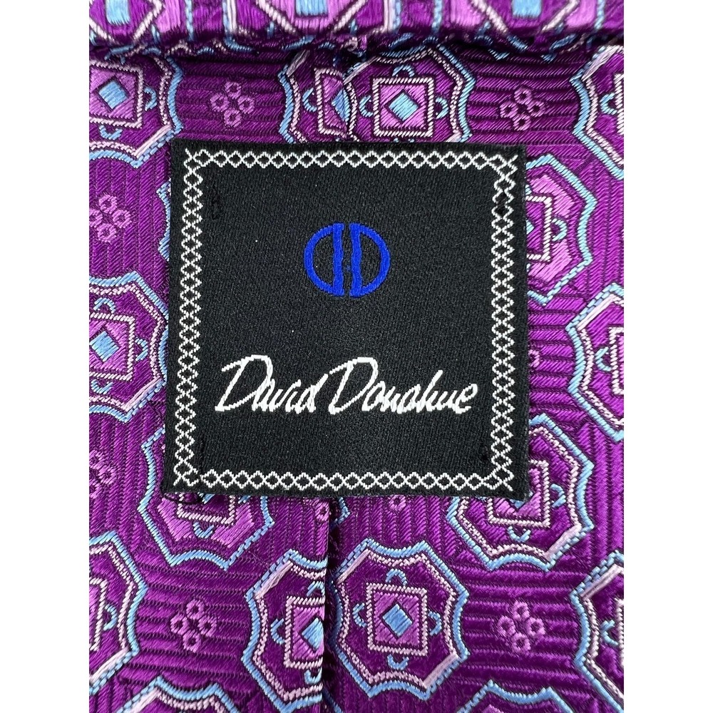 David Donahue Tie Mens One Size Purple Geometric 100% Silk Made USA Classic